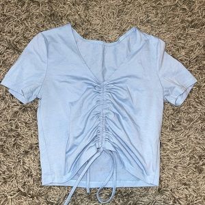 Light blue drawstring ruched v neck tee